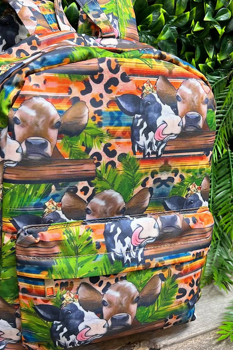 Western Multi Cow on Leopard Printed Small Kids Backpack