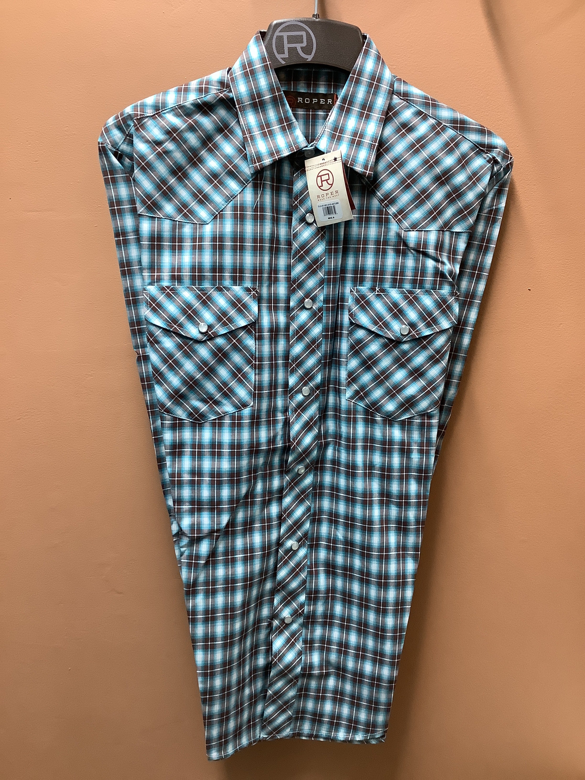 Roper Men’s Western Shirt - Long Sleeve, Snap, Blue Brown Plaid 1-001-0101-4073