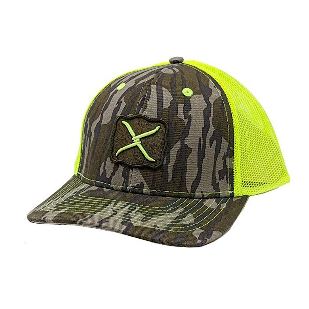 Twisted X - Mossy Oak Camo & Neon Yellow Embroidered Olive Green & Neon Yellow Logo Snap Back Men’s Ball Cap XC-MO3