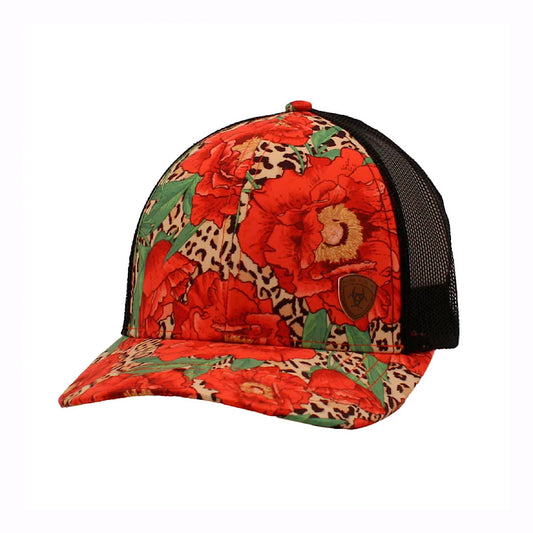 Ariat - Bold Red Flower & Cheetah Print & Black With Ariat Faux Leather Bill High Pony Snap Back Ladies Ball Cap A300057004