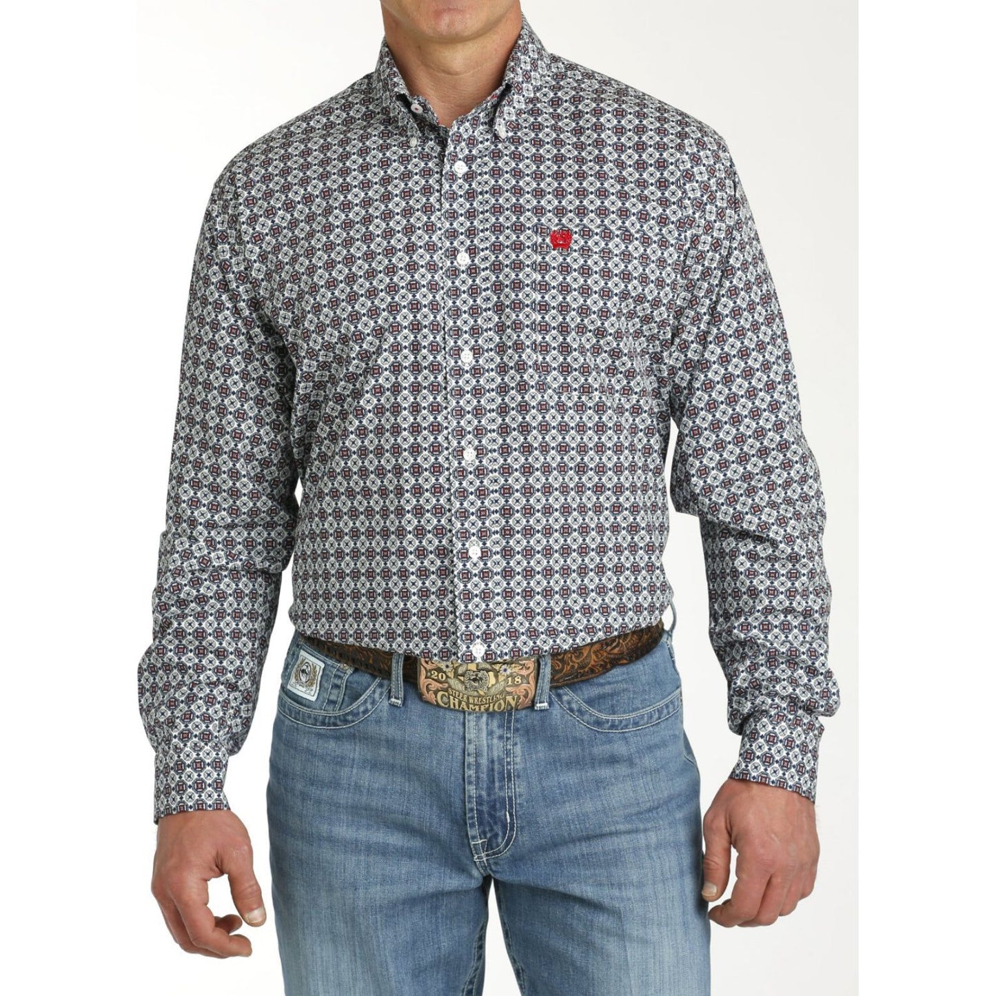 MEN'S MEDALLION PRINT BUTTON-DOWN WESTERN SHIRT - BLUE/RED