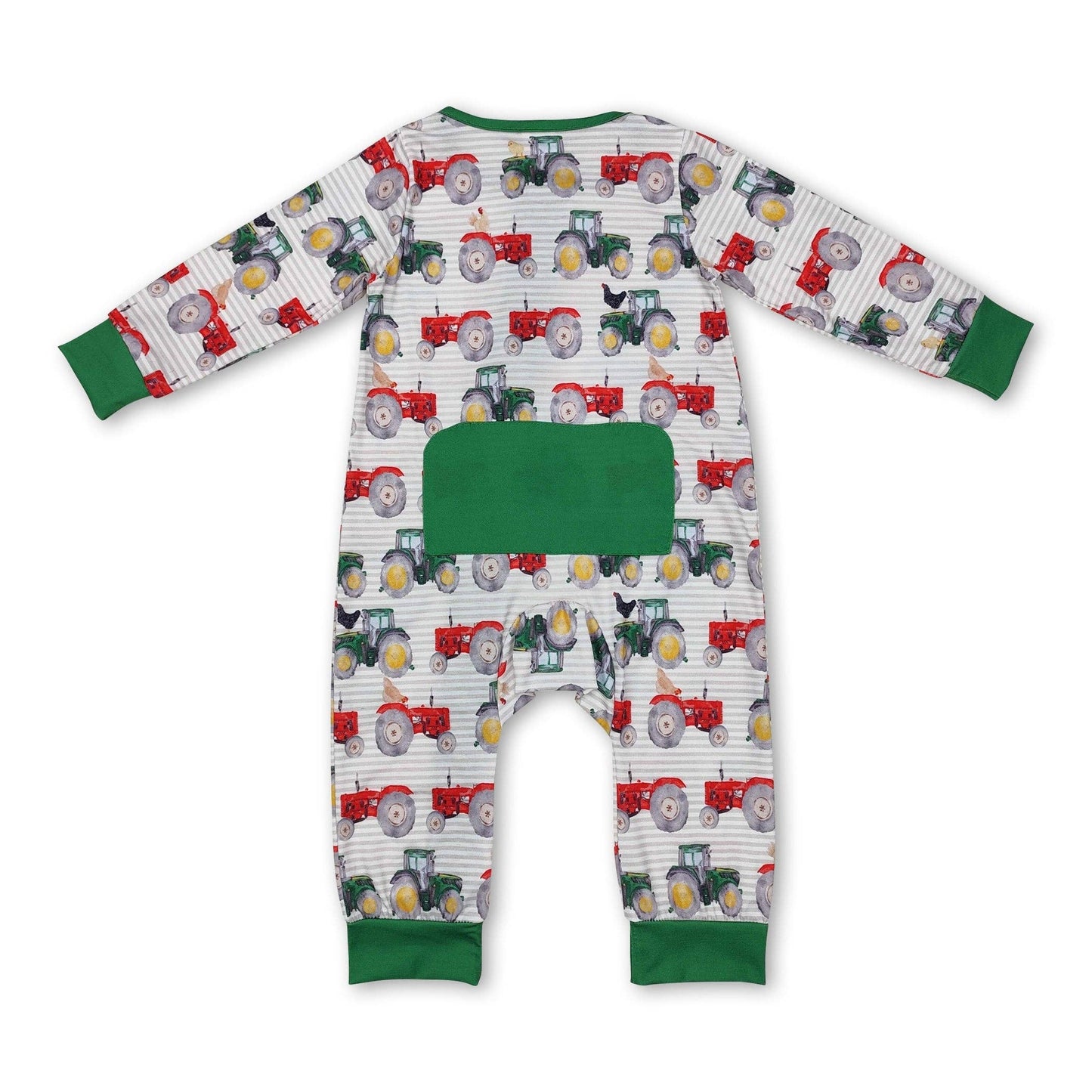 Green red tractor baby boy farm bamboo zipper romper