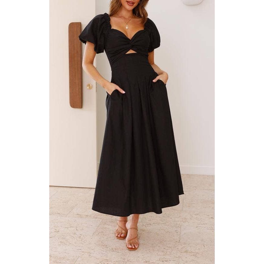 Twist-Front Puff Sleeve Maxi Dress