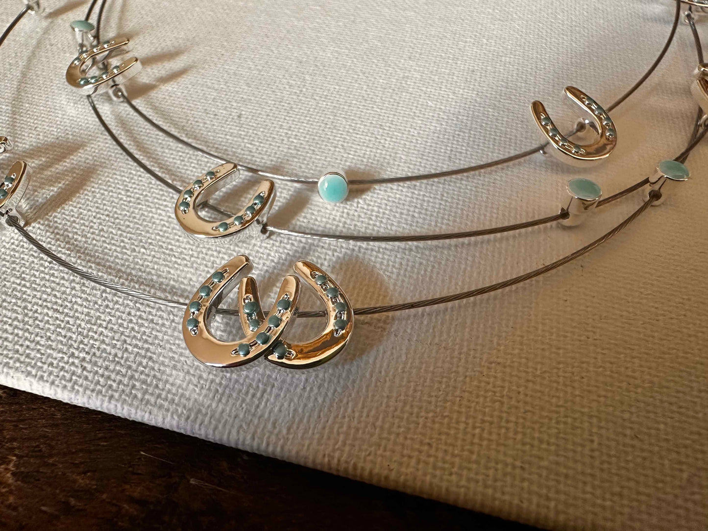 Multi Mini Horseshoes Aqua Bead Necklace