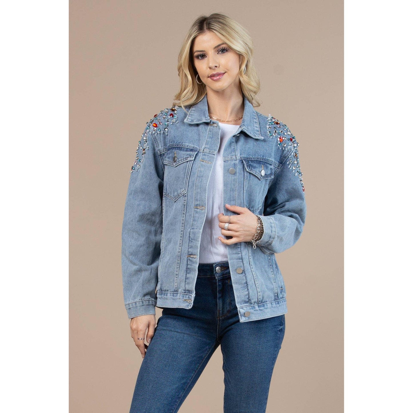 Nylon Apparel - 63001-Shoulder Rhinestones Washed Denim Jacket
