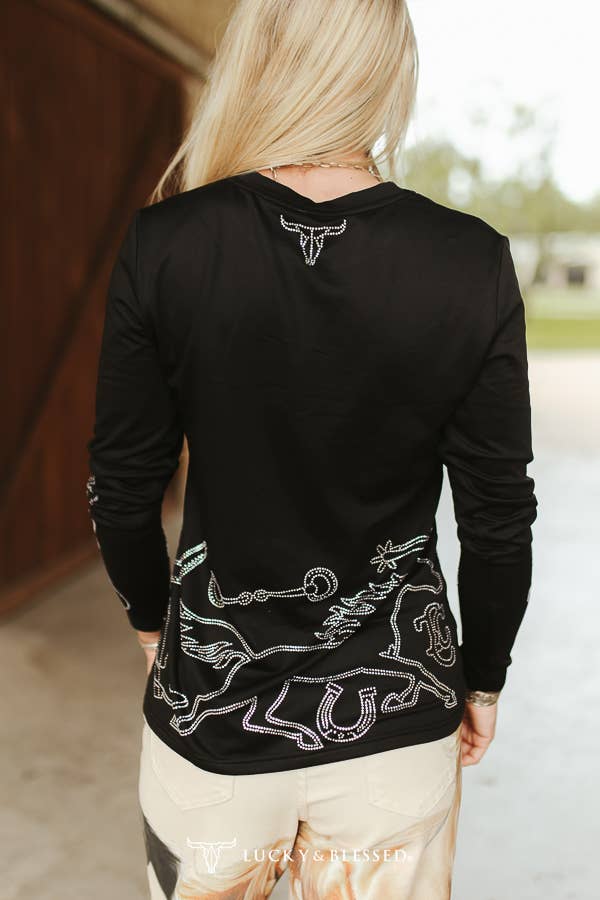Black Western Rhinestone Pressed Detail Long Sleeve Shirt