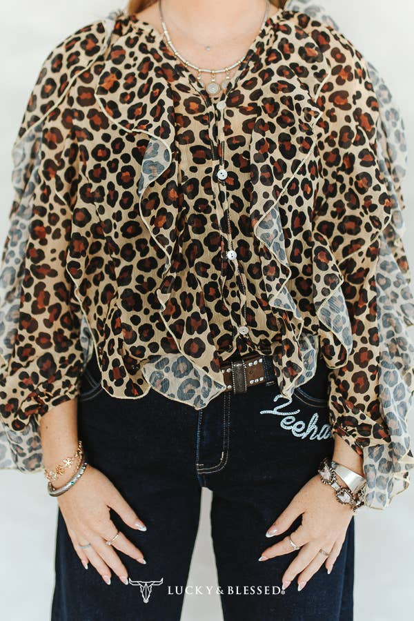 Leopard Print Ruffle Long Sleeve Blouse