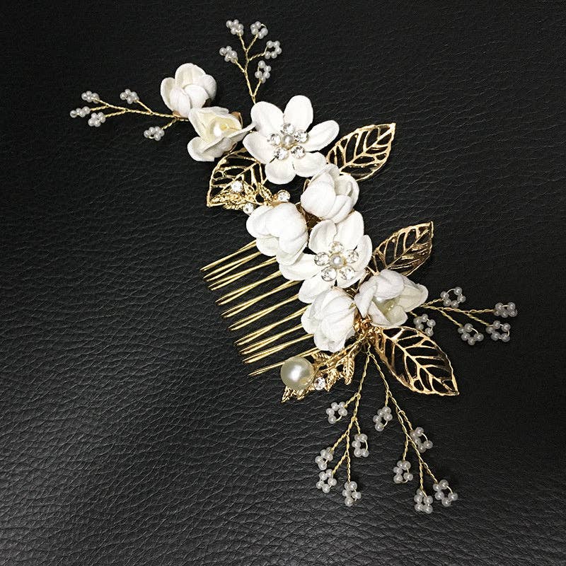 Pearl Flower Leaf Bridal Wedding Hair Clip in Solid Copper
