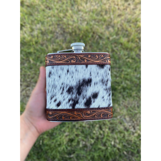 Classic Cowhide & Tooled Leather Flask 16oz