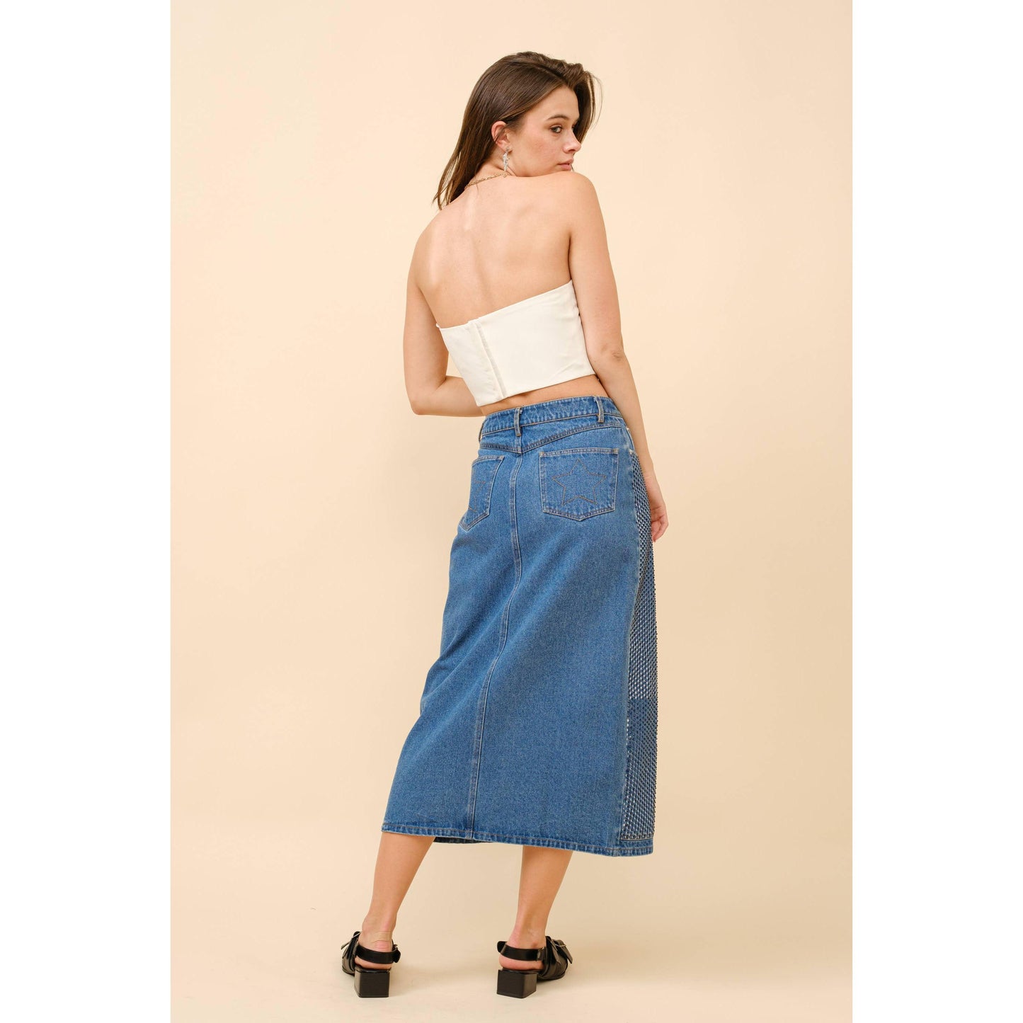 Blue B - 23052S - Embellished Stone Slit Midi Denim Skirt