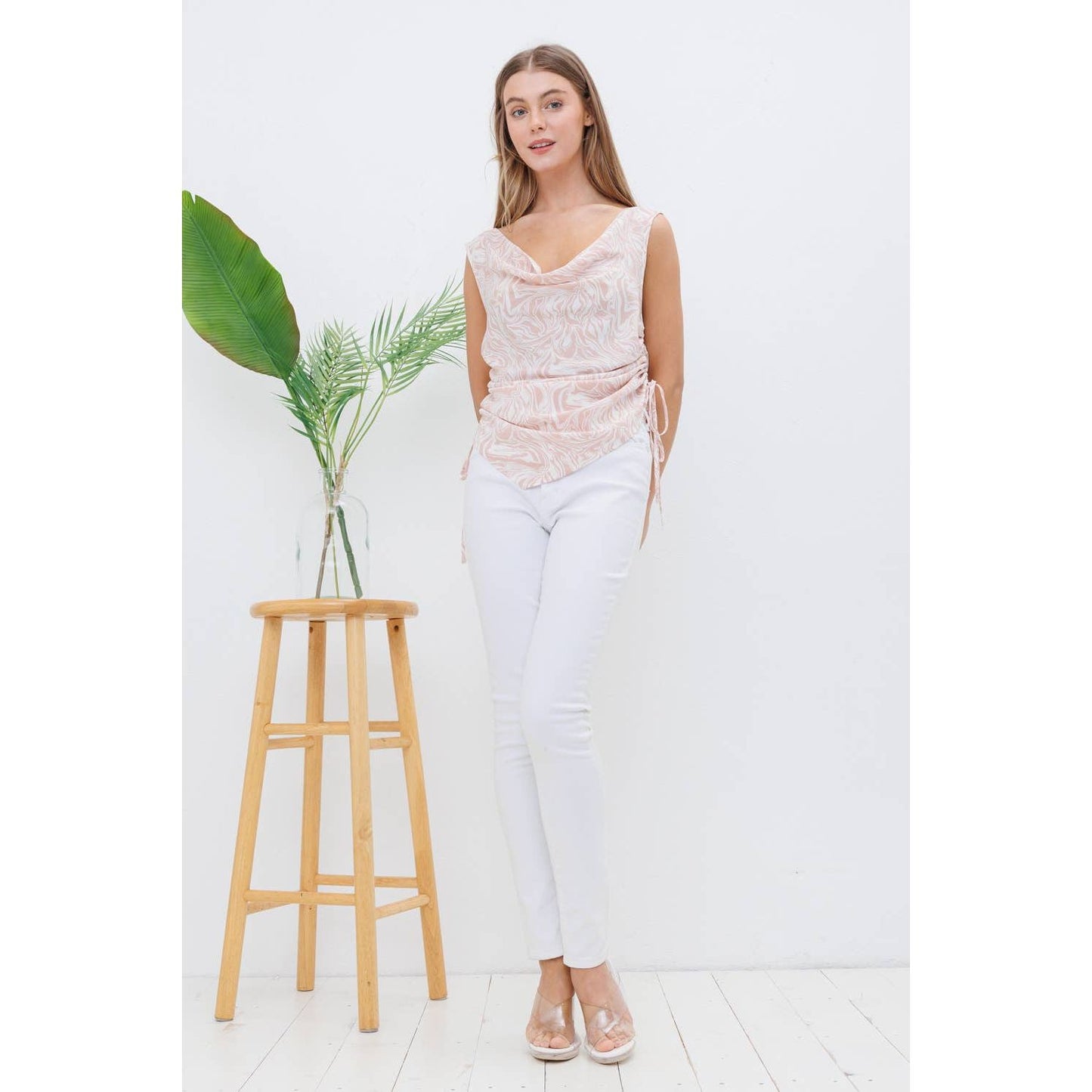 31666T - Koshibo Marble Print Cowl Neck Cinched Side Blouse