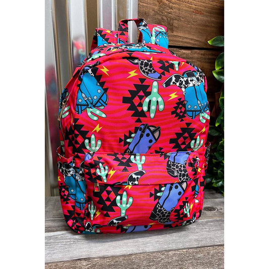 Hot pink aztec & boot printed backpack. BP-202323-20