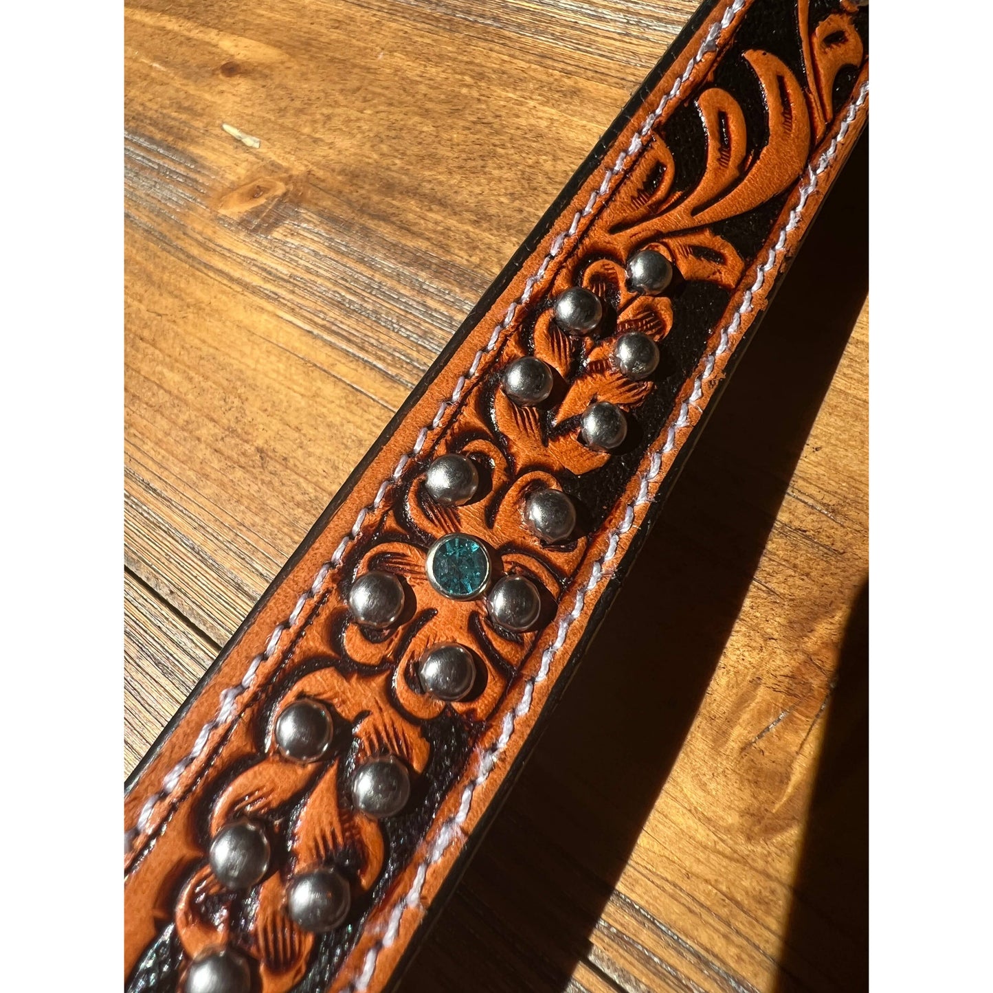 Western Tooled Leather Fancy Dog Leash Blue Padded Handle
