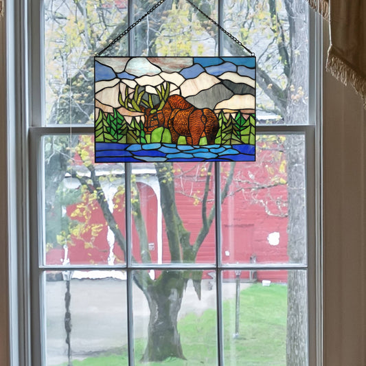 12"H Moose in Mountain Scape Stained Glass Window Panel