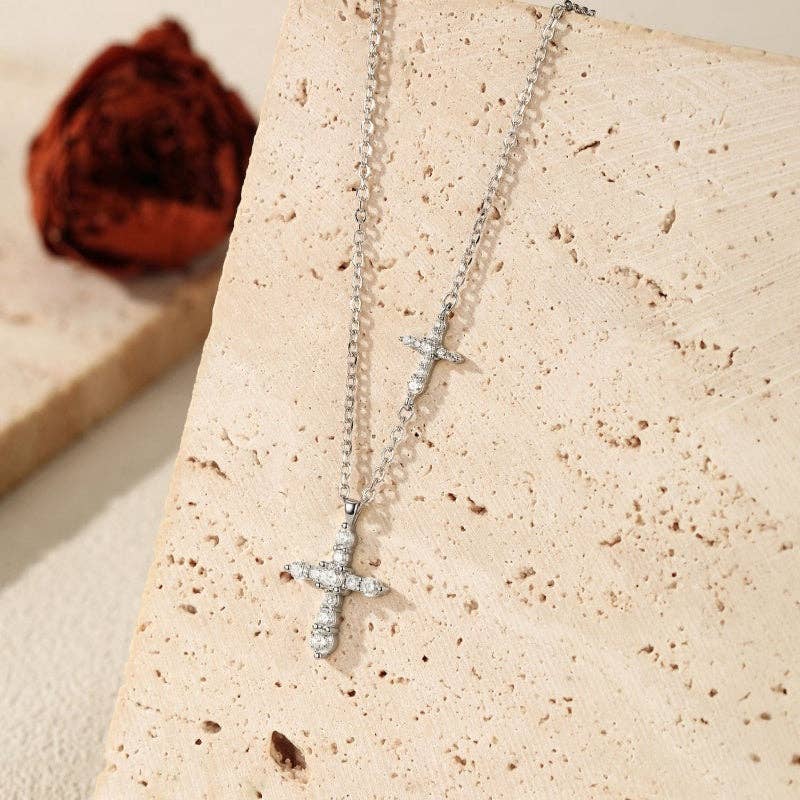 Dual Pavé Moissanite Cross Necklace in 925 Sterling Silver
