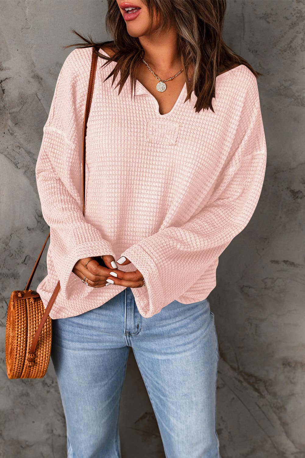 Waffle Knit Loose Long Sleeve Top