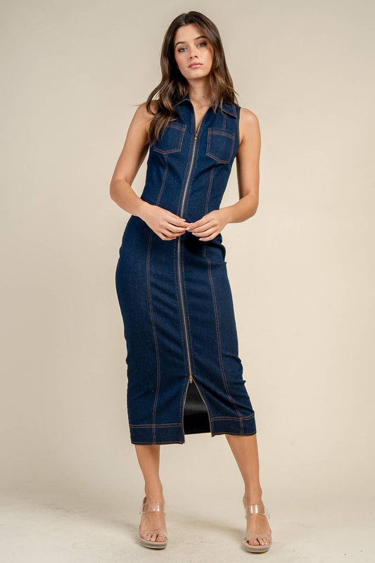 Denim FITTE,D SLEEVE LESS, COLLAR MIDI DRESS BD13375N