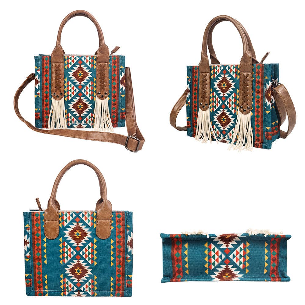 Fringe Blue Aztec Western Tote Bag