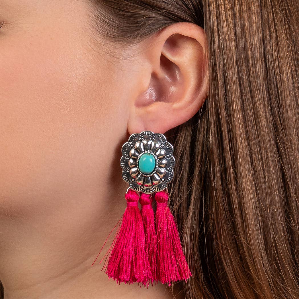 Squash Blossom Tassel Earrings - Turquoise Stone Accent
