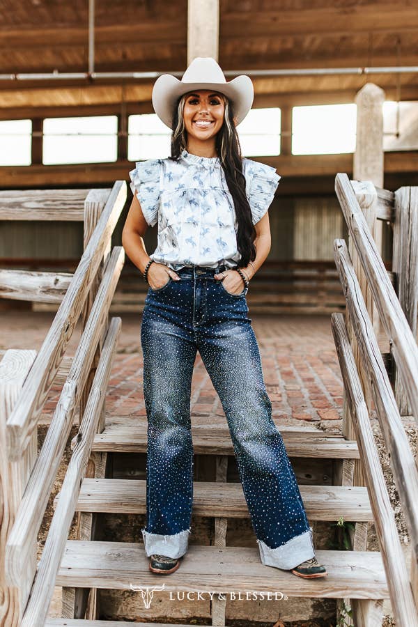 Dark Wash Stretch Denim Detail Cuffed Wide Leg Jeans