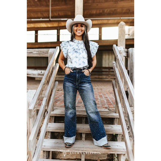 Dark Wash Stretch Denim Detail Cuffed Wide Leg Jeans