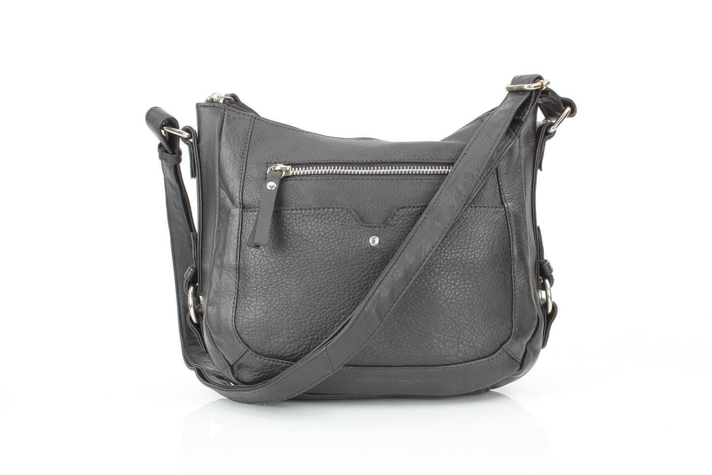 Black Leather Shoulder Bag with Silver Zip and Studs RB 159