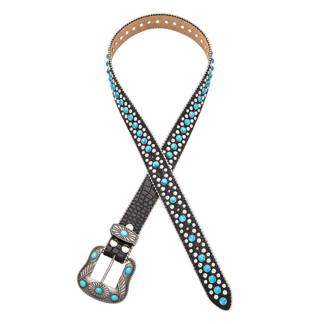 Ladies Turquoise Western Belt w/ Alligator Pattern Black Leather by Rope & Spurs - 200-6171
