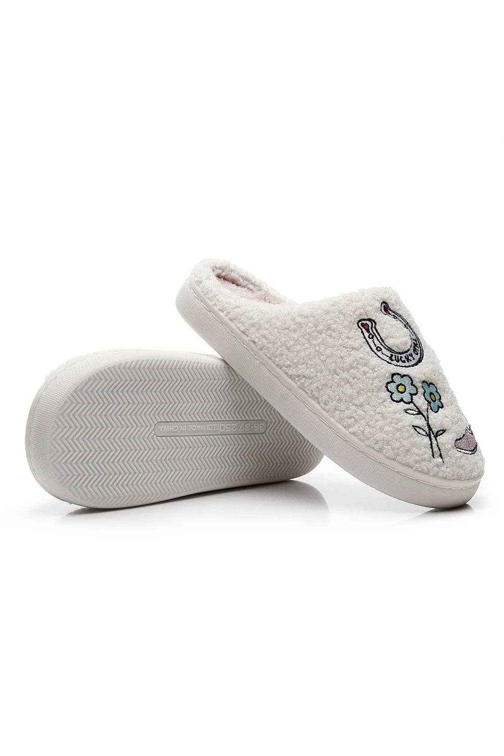 White Asymmetric Embroidered Pattern Cowgirl Plush House Slippers