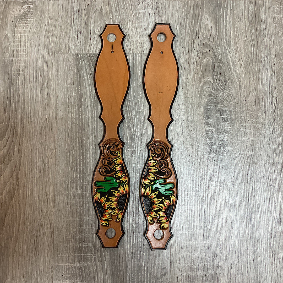 Twisted Pistol Design - Tan Leather Cactus & Sunflower Tooled & Painted Slobber Straps