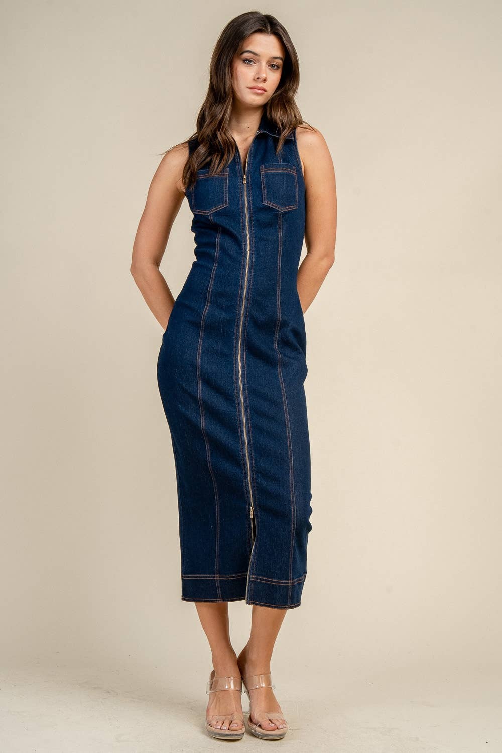 Denim FITTE,D SLEEVE LESS, COLLAR MIDI DRESS BD13375N