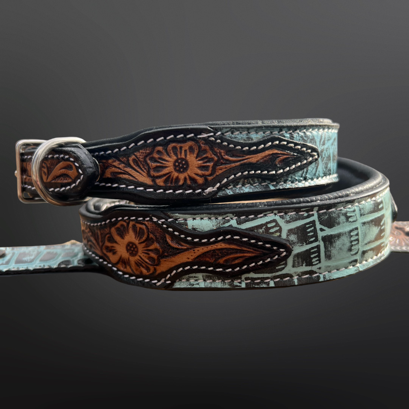 Western Dog Collar Tooled Leather Turquoise Embossed Leather