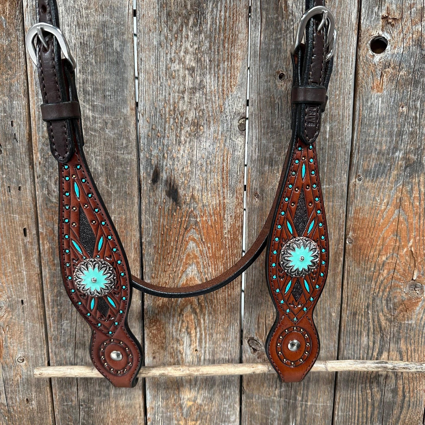Rodeo Drive - Dark Oil Hand Painted Antique Silver Turquoise Browband/One Ear and  Breastcollar Tack Set #BBBC555