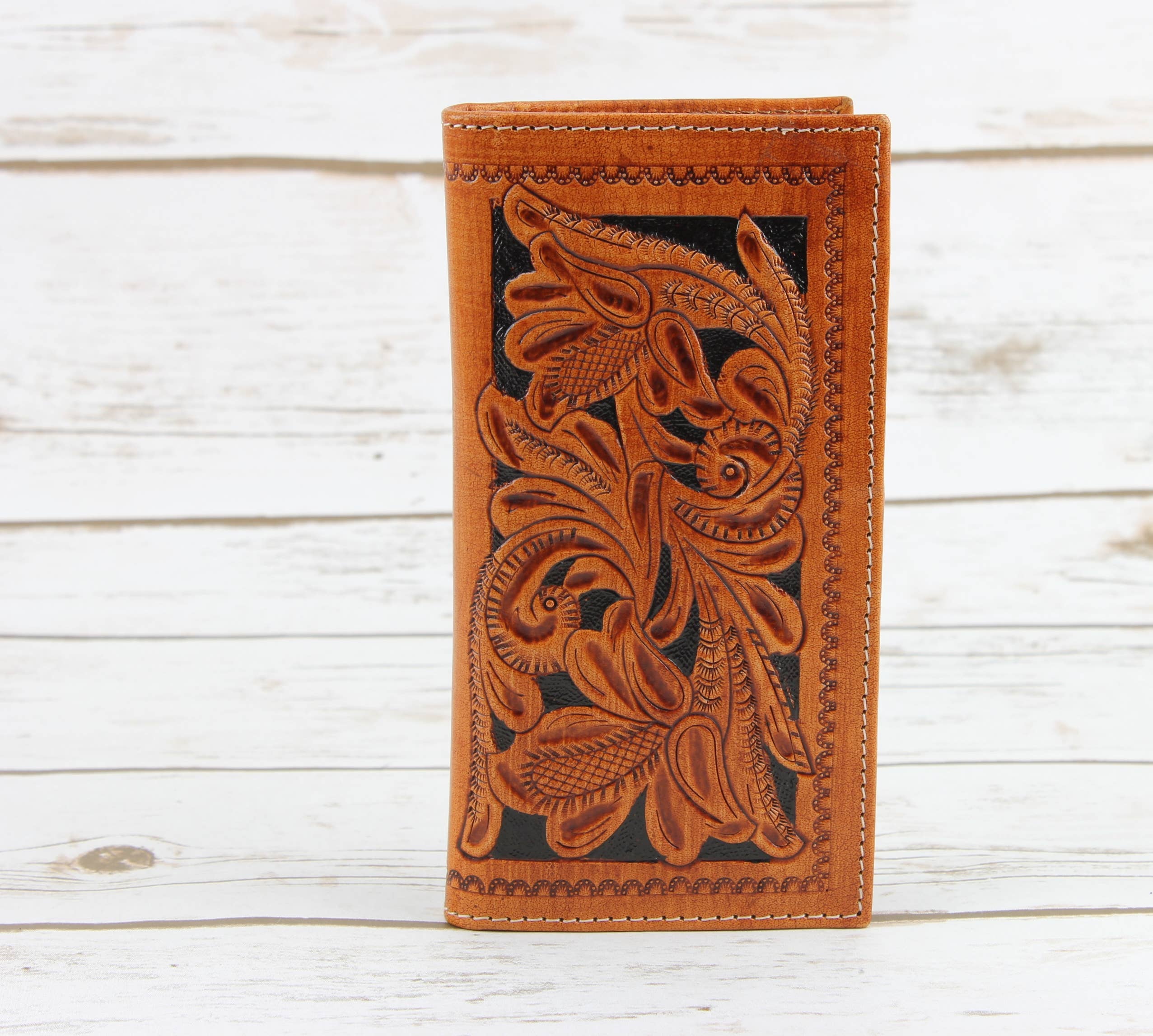 Tooled Leather Men's Rodeo Wallet In Tan AB W04 Tan