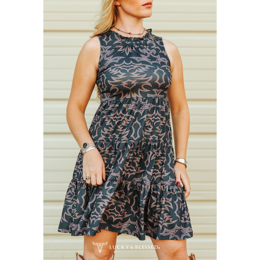 LUCKY & BLESSED - Boot Stitch Printed Round Neckline Sleeveless Dress