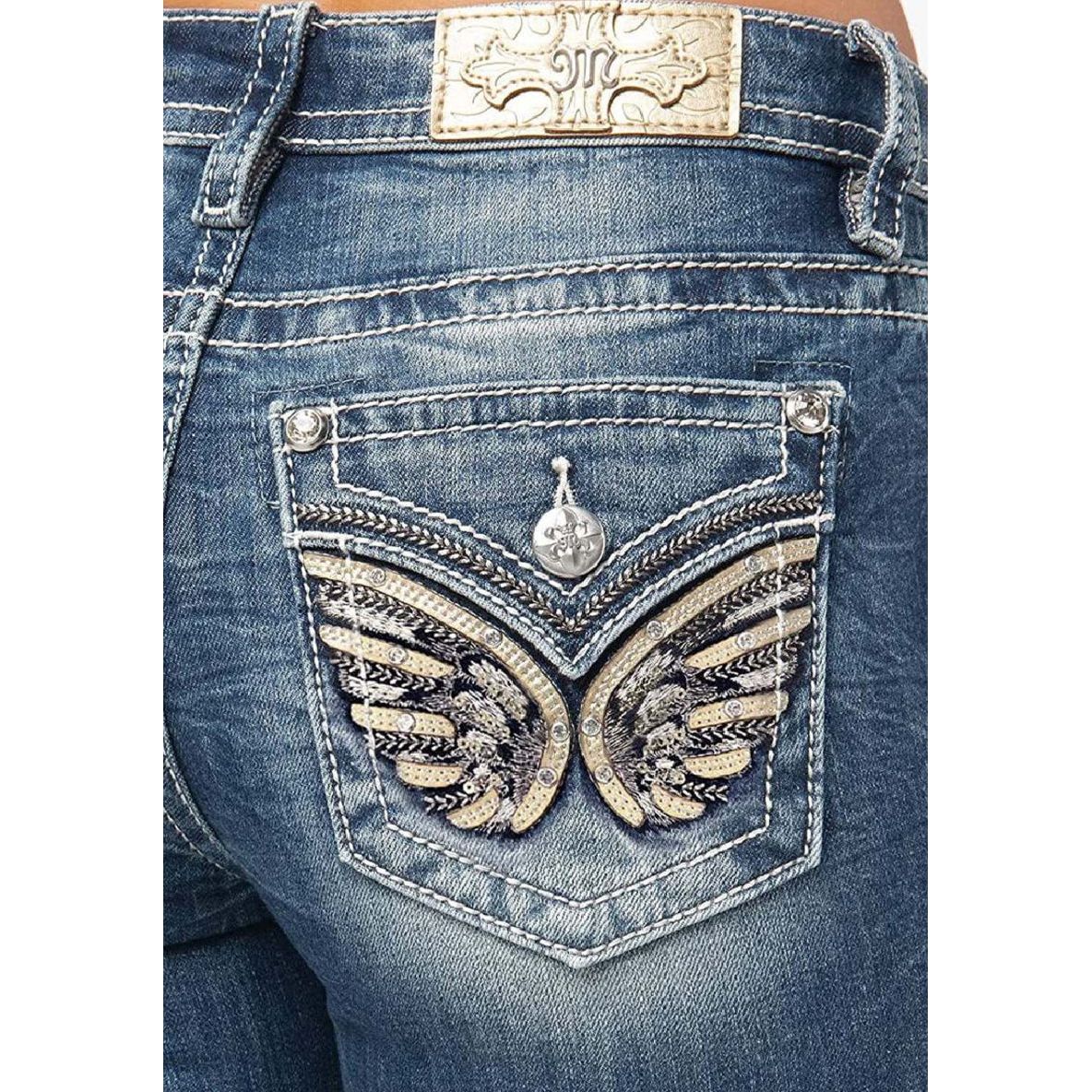 MISS ME Women's Mid Rise Gold Trim Angel Wing Bootcut Medium Blue Jeans