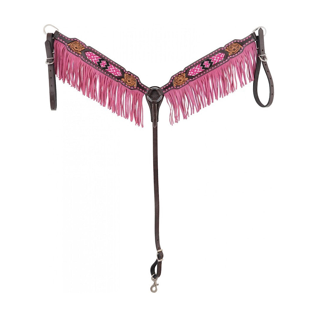 Western Rawhide - Country Legend Chocolate Brown With Pink Buckstitch Beaded Inlay & Pink Suede Fringe Breast Collar