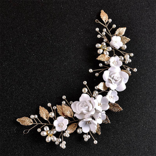 Pearl Flower Leaf Bridal Wedding Hair Clip in Solid Copper
