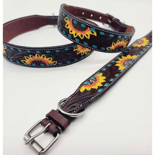 Ranch Hand Dog Collar Sunflower Turquoise Buckstitch