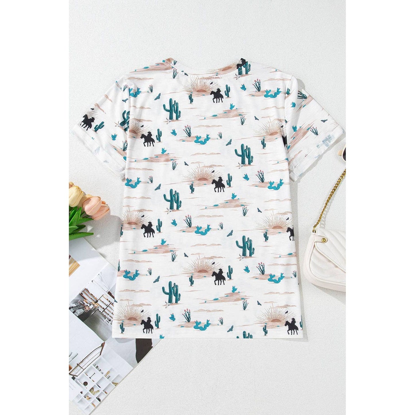 PRETTY BASH Western Cactus Crew Neck Short Sleeve Top