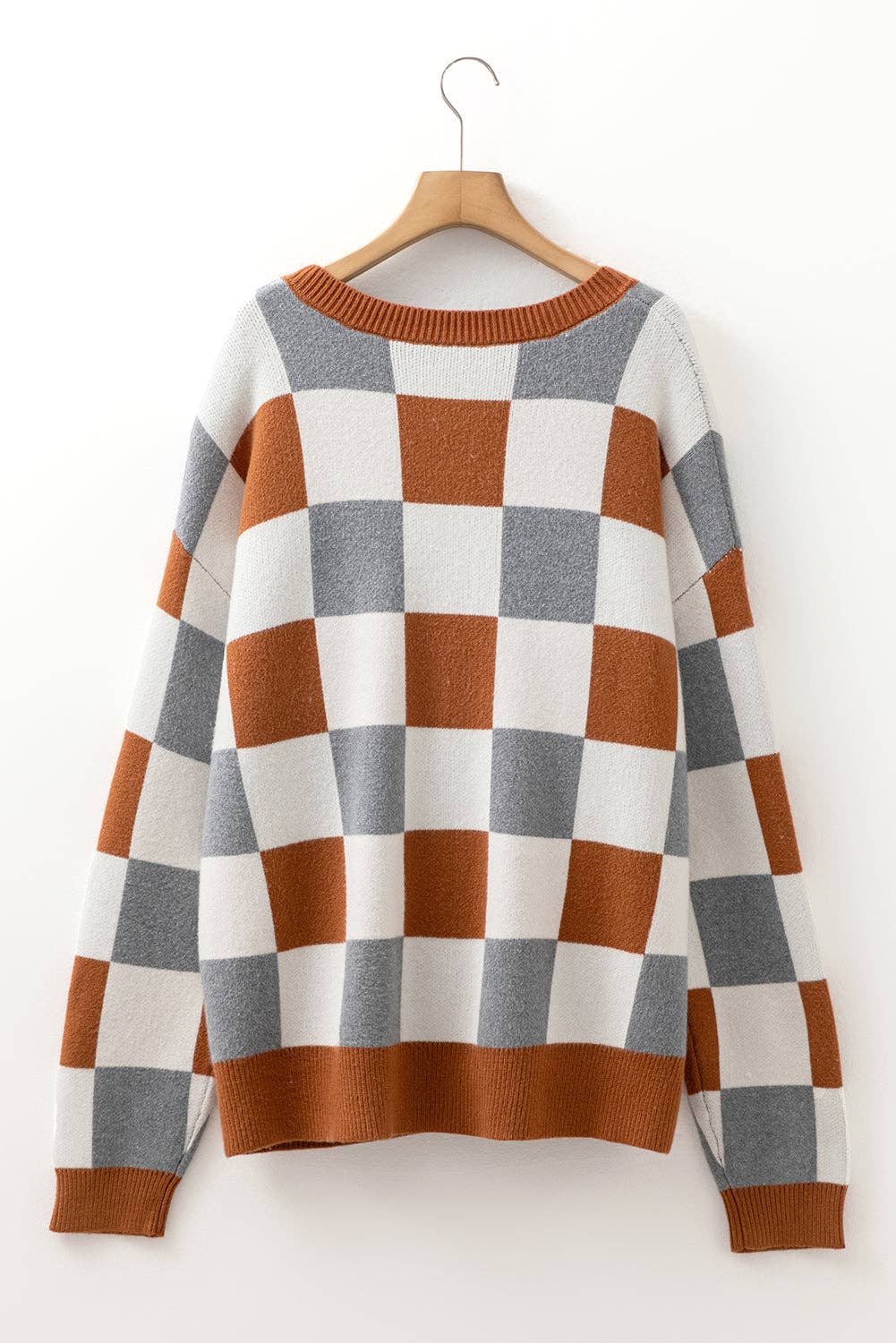 Brown Plus Size Checkered Crewneck Sweater