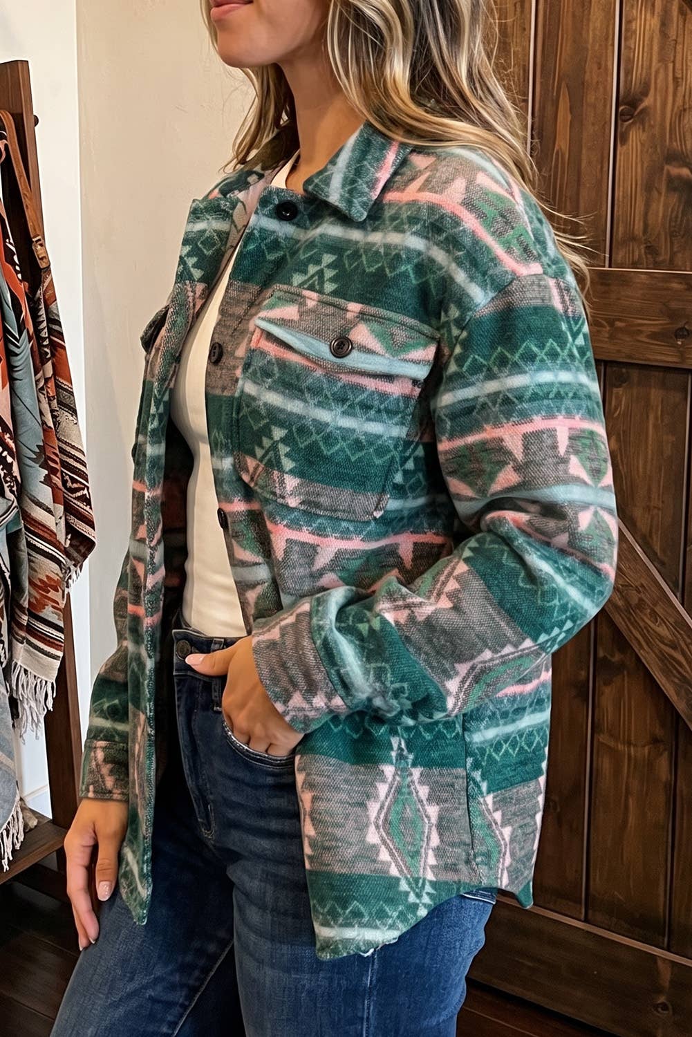 Geometric Print Button Front Long Sleeve Shacket