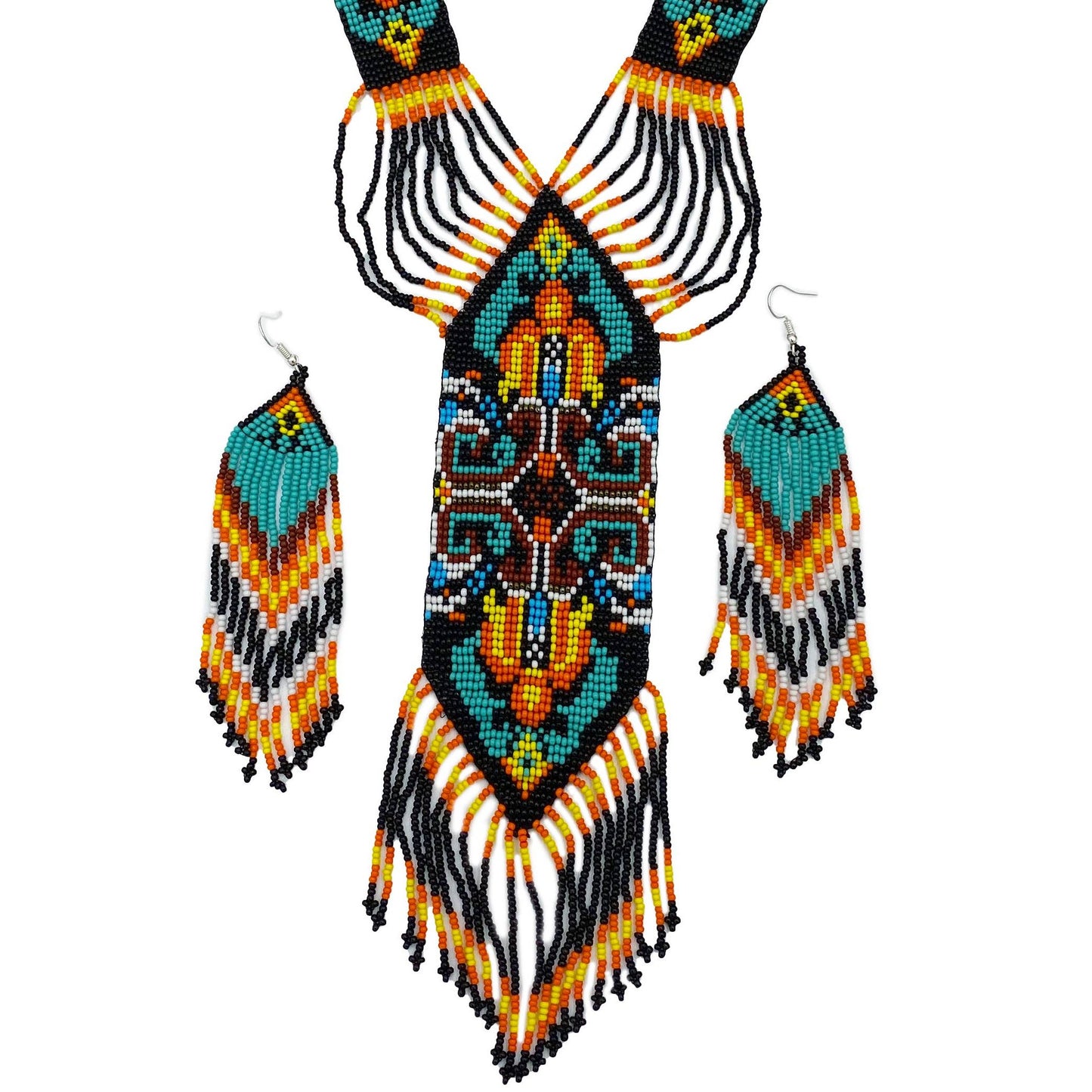 Handmade Black Multi-Colored Long Necklace Earring Set