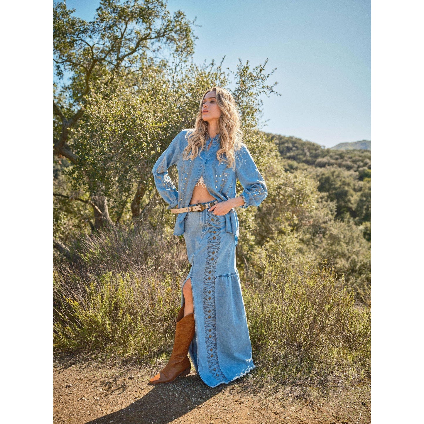 Blue B - 23624S - Embroidered Stitch Slit Denim Maxi Skirt