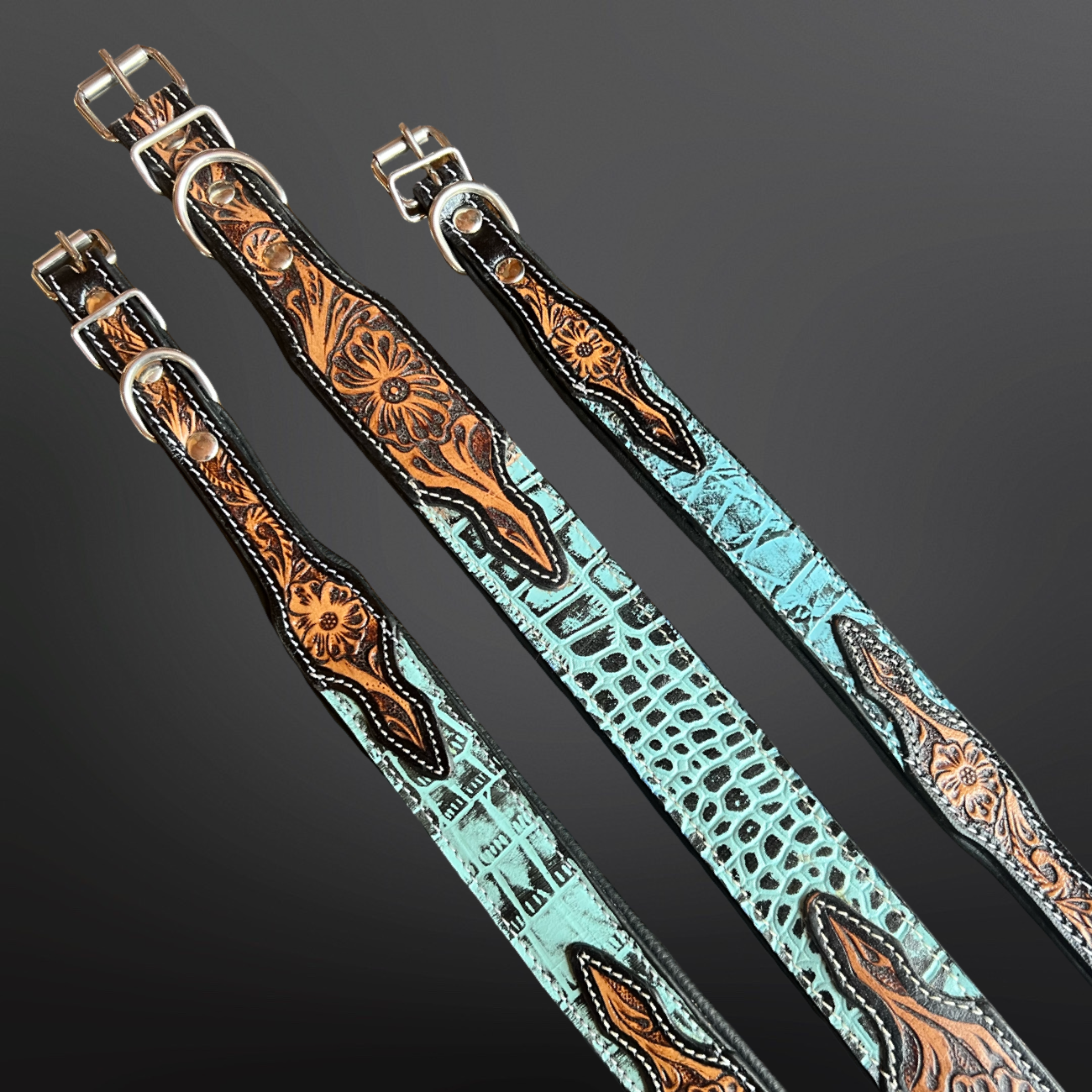Western Dog Collar Tooled Leather Turquoise Embossed Leather
