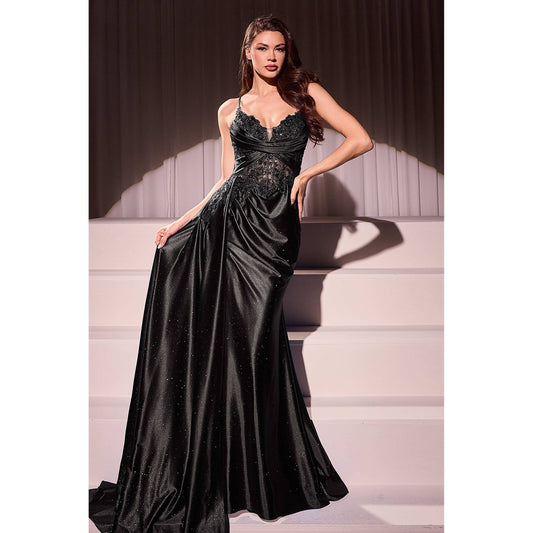 FITTED SATIN & LACE EVENING GOWN