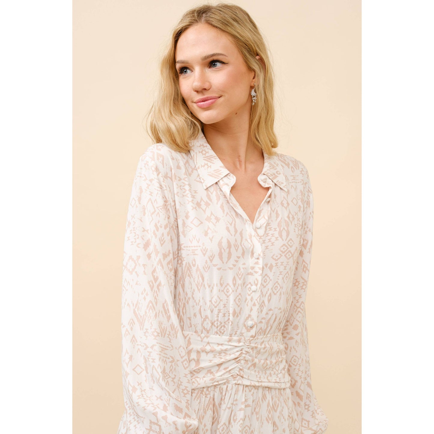 34940D - Ikat Aztec Print Button up Ruched Waist Shirt Dress