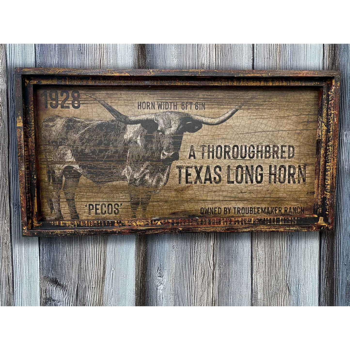 Thoroghbred Long Horn Rustic Sign - 18" x 36" Large Rectangle Artwork