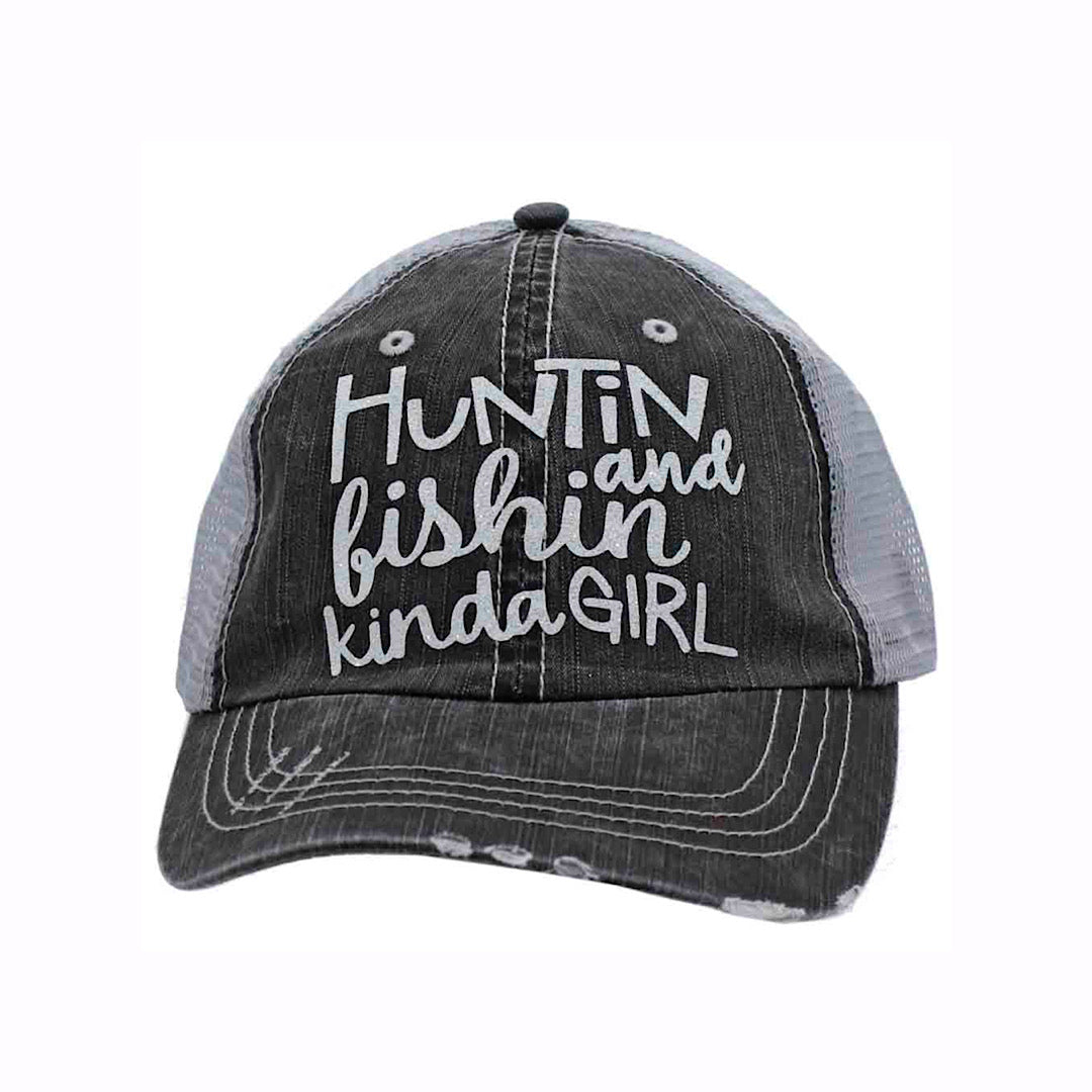 BHW - Distressed Black & Grey With Glitter “Huntin And Fishin Kinda Girl” Velcro Back Ladies Ball Cap