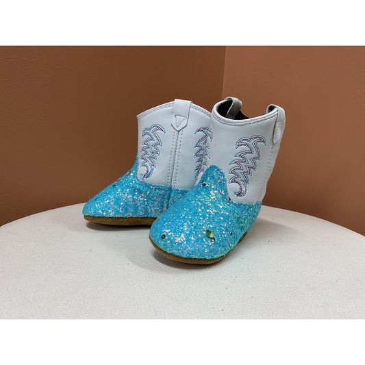 Old West, Poppets, Infant Baby Soft Cowboy Boot, Blue Sparkle 10149