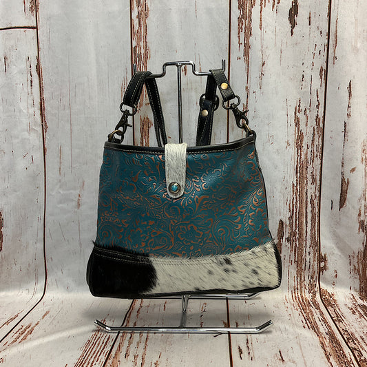 Myra Bag- Blue Labyrinth Leather & Hairon Tooled Handbag S-3982